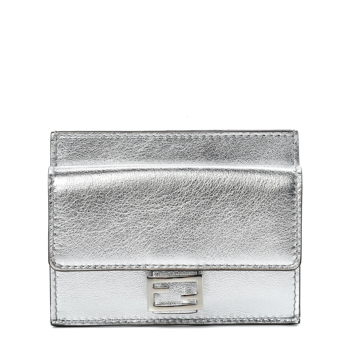 Vitello Catalan Mirror FF 1974 Embossed Fold Over Card Holder Wallet Argento