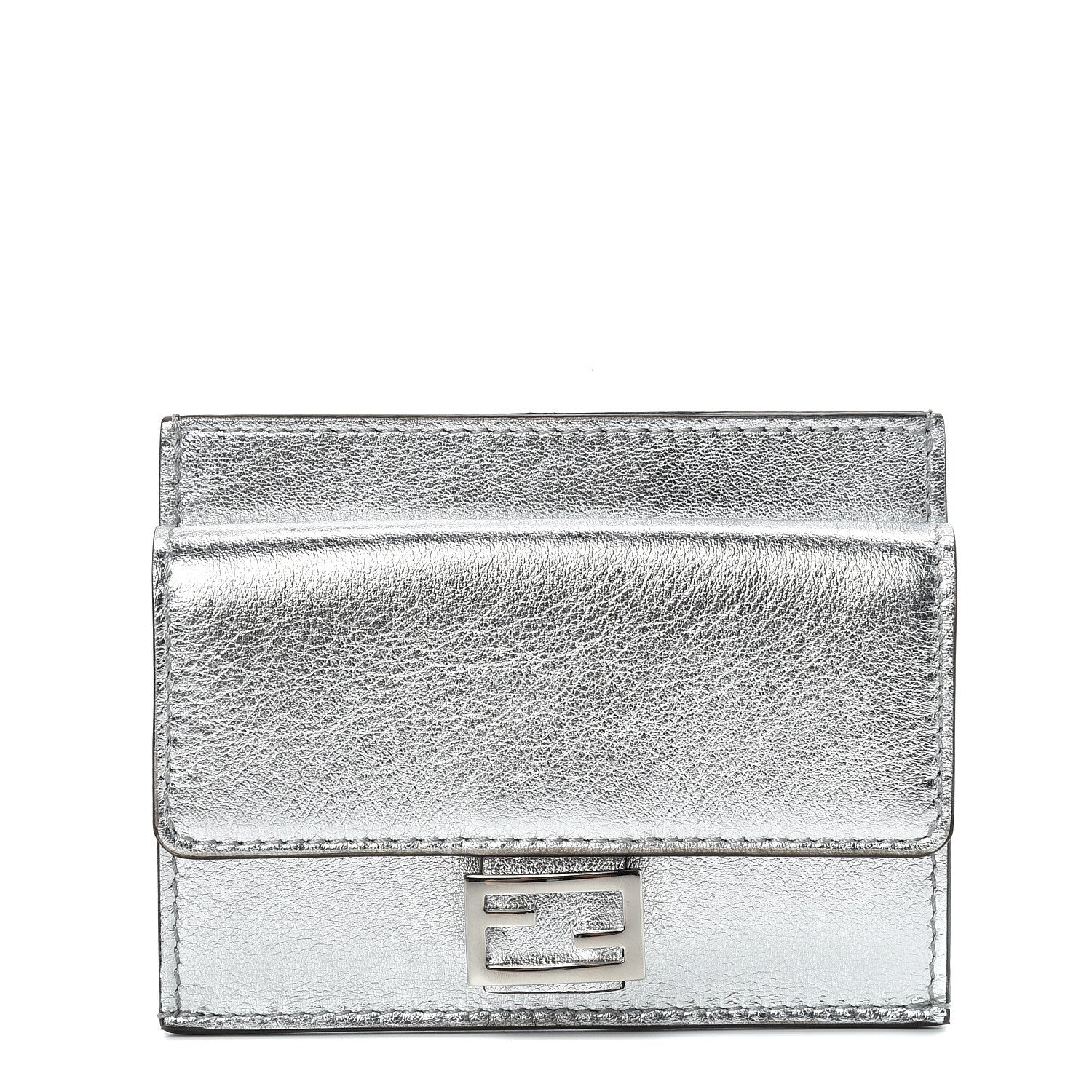 Fendi Vitello Catalan Mirror FF 1974 Embossed Fold Over Card Holder Wallet Argento 1 of 7