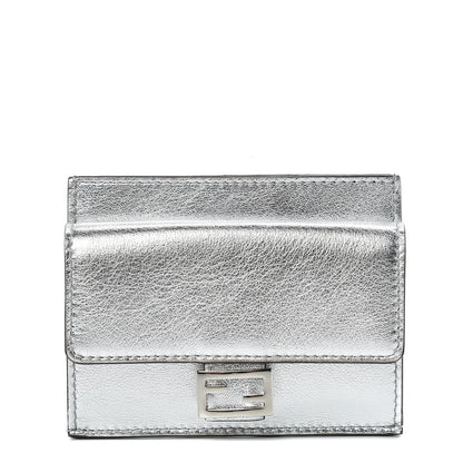 Fendi Vitello Catalan Mirror FF 1974 Embossed Fold Over Card Holder Wallet Argento 1 of 7