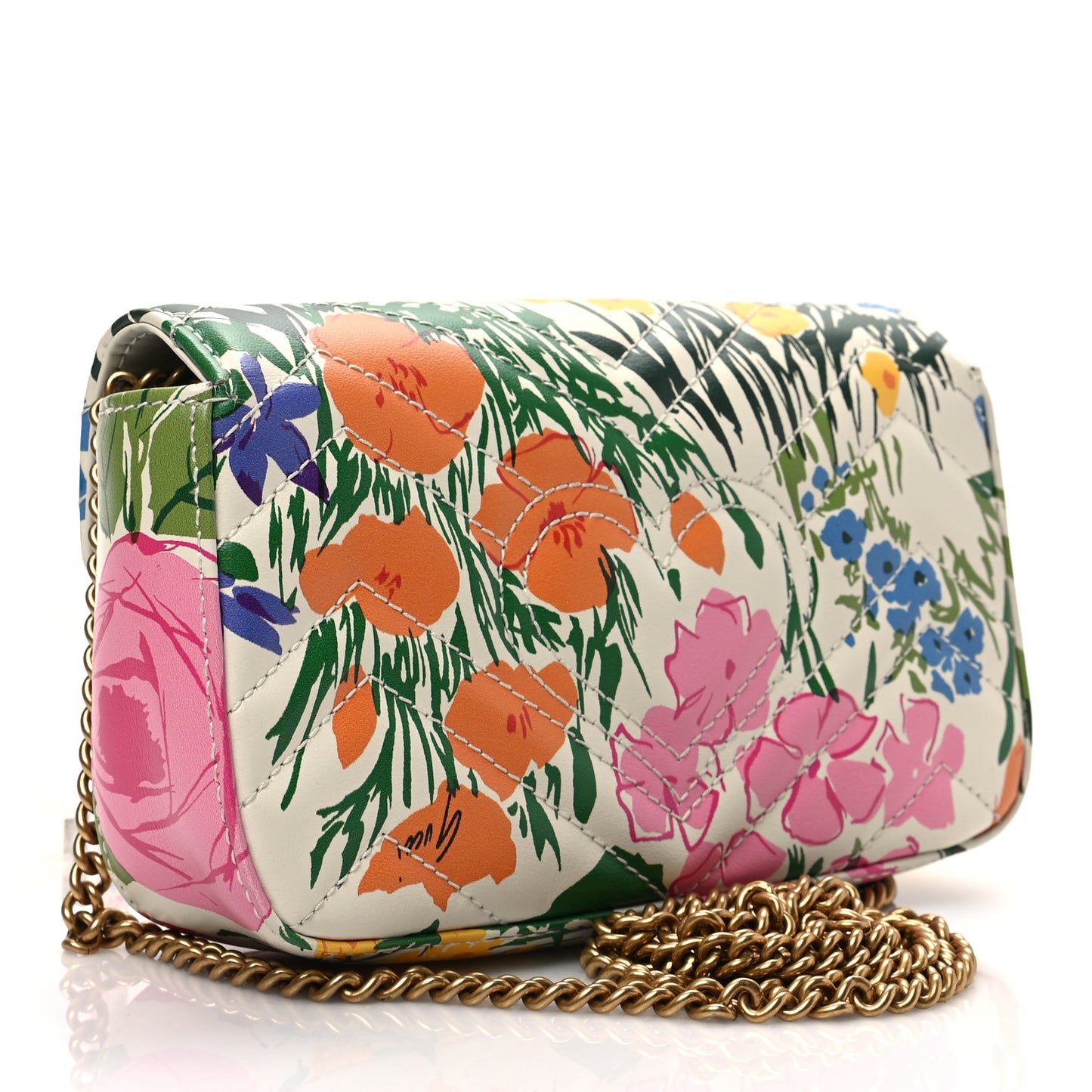 X KEN SCOTT Calfskin Matelasse Floral Print Super Mini GG Marmont Shoulder Bag Ivory Pink