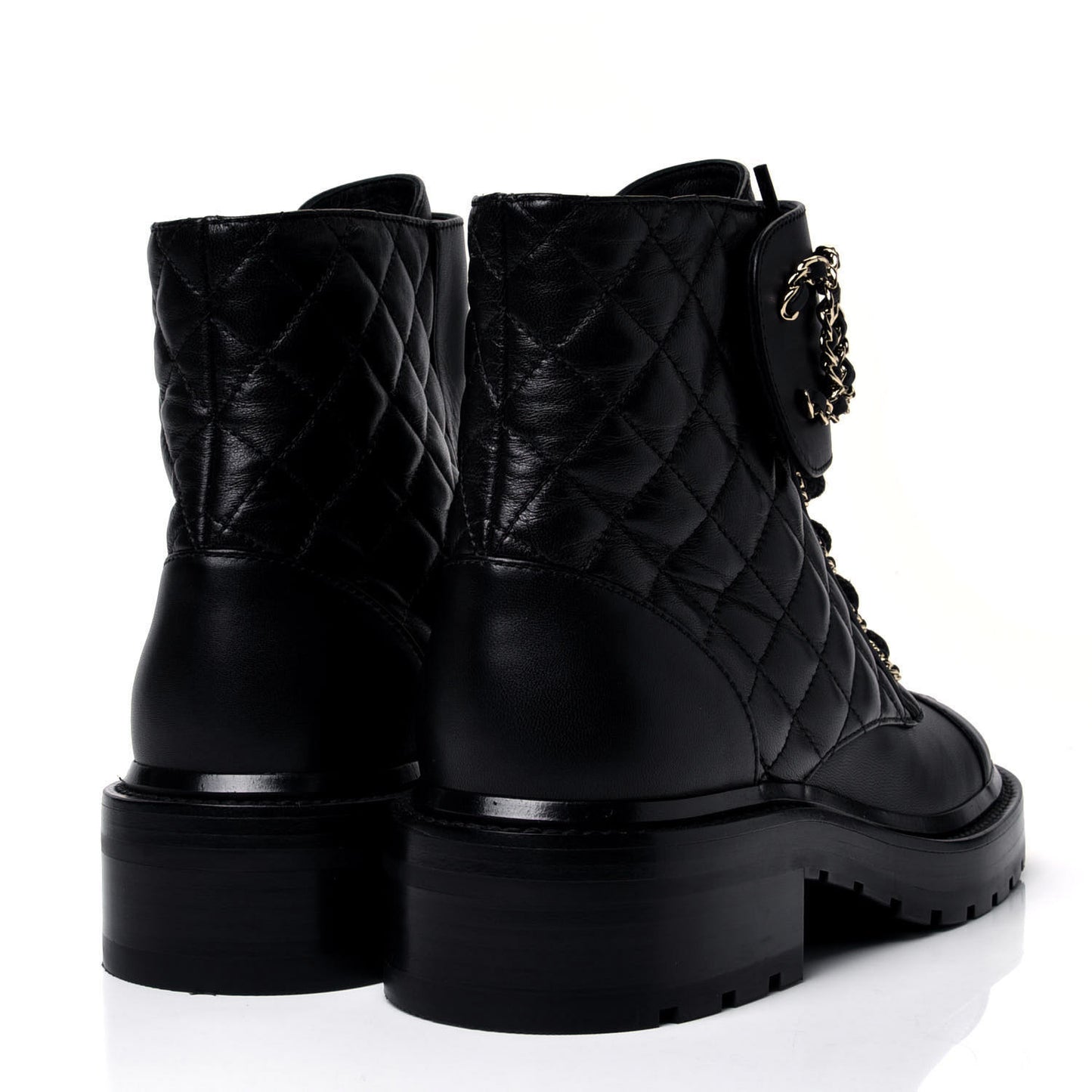 Shiny Lambskin Quilted Lace Up Combat Boots 36 Black