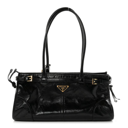 Prada Glossy Calfskin Triangle Medium Bonnie Shoulder Bag Black 1 of 10