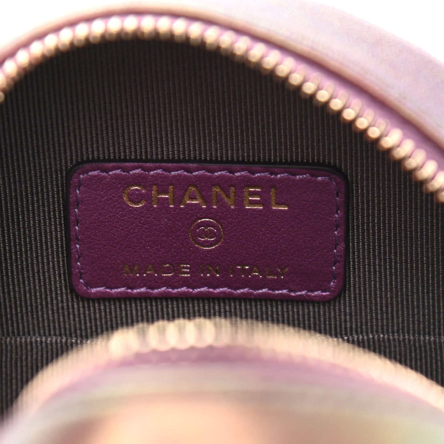 Iridescent Lambskin Quilted Round Clutch With Chain Purple