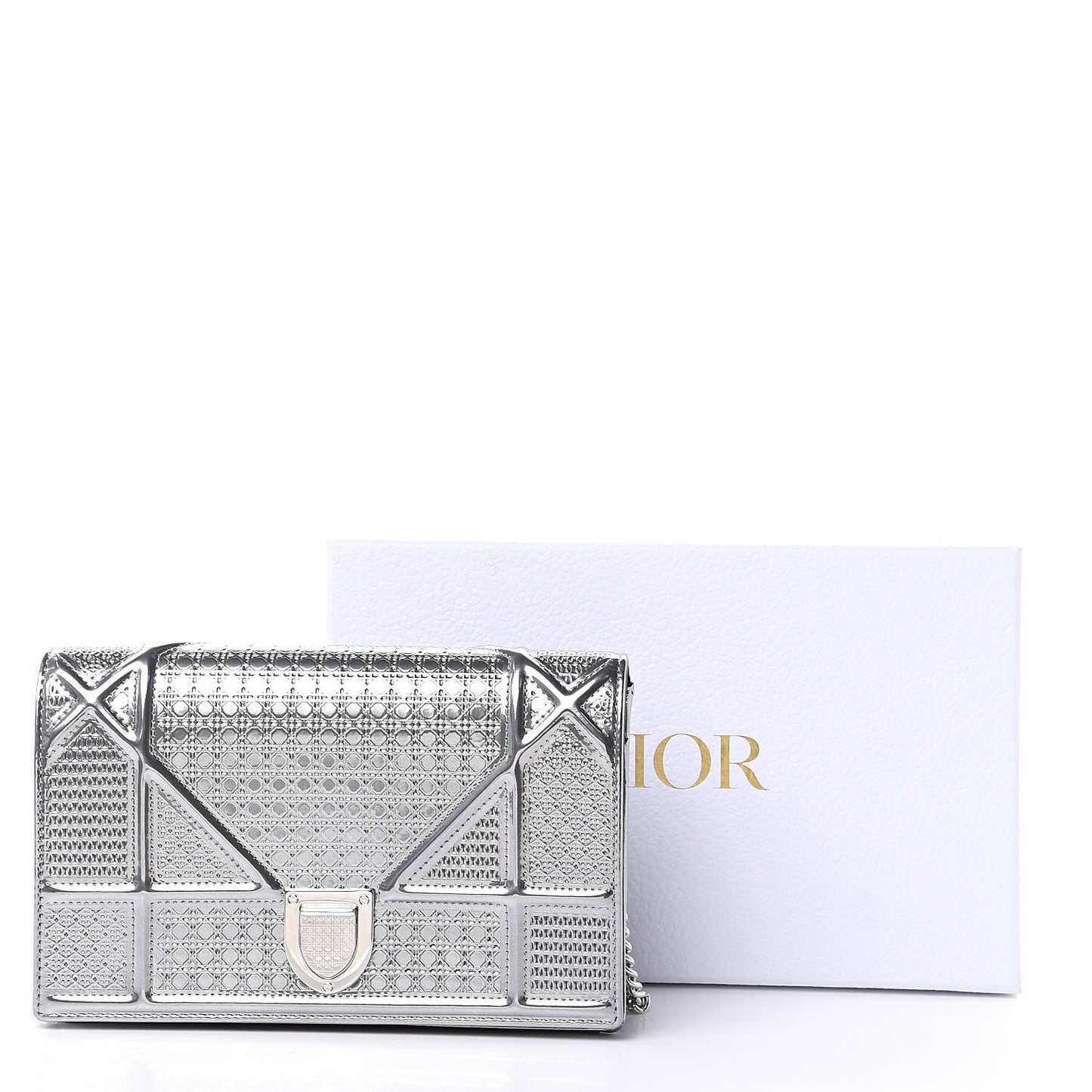 Metallic Patent Micro-Cannage Diorama Wallet on Chain Pouch Silver