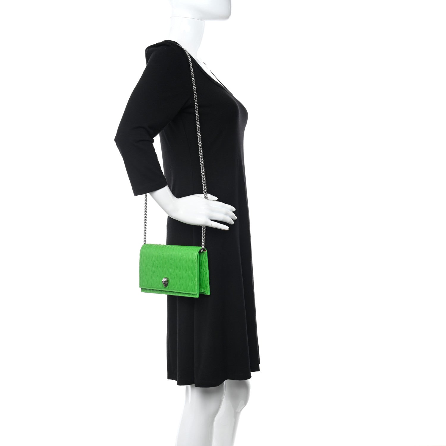 Alexander McQueen Lambskin Pleated Skull Small Chain Crossbody Bag Acid Green 2 of 9