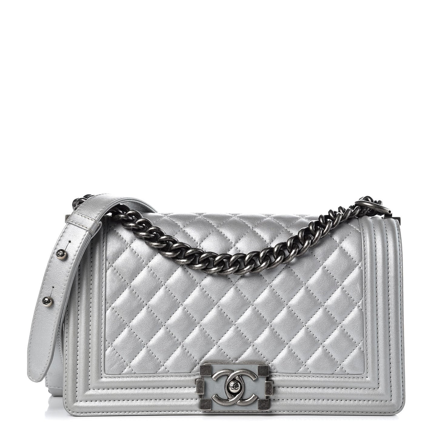 Metallic Calfskin Quilted Medium Boy Flap Silver