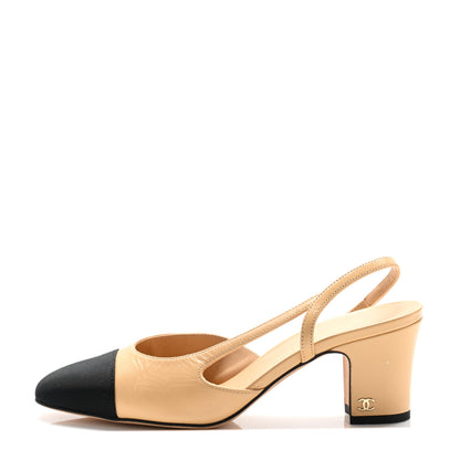 Chanel Goatskin Grosgrain Cap Toe CC Slingback Pumps 37 Beige Black 1 of 10