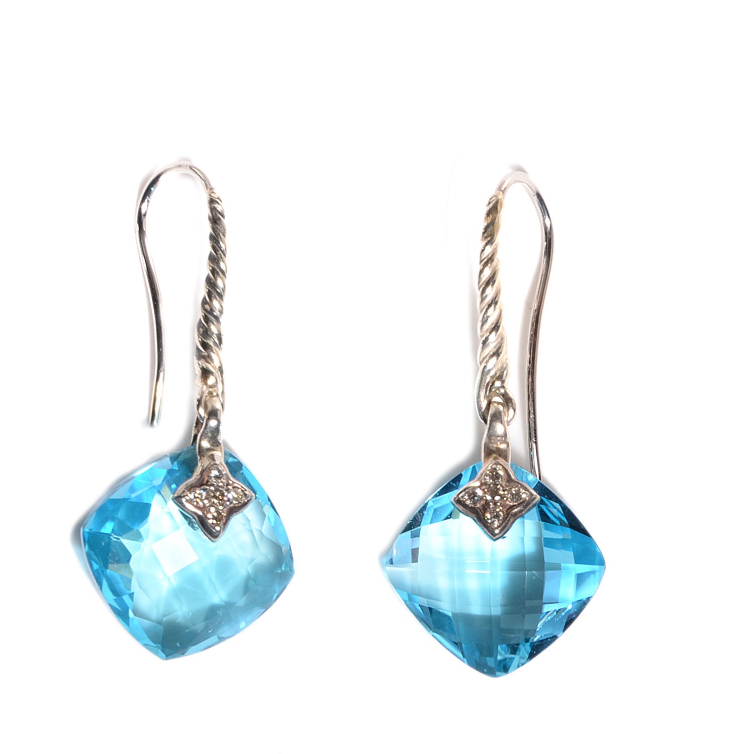 David Yurman Sterling Silver Diamond Blue Topaz Drop Earrings 17mm 1 of 5