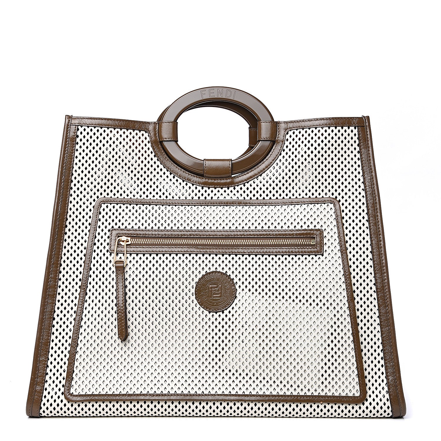 Fendi Vitello Liberty Glossy Lambskin Perforated Large Runaway Shopper Tote White Ice Rust Maya 1 of 11