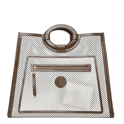 Fendi Vitello Liberty Glossy Lambskin Perforated Large Runaway Shopper Tote White Ice Rust Maya 1 of 11