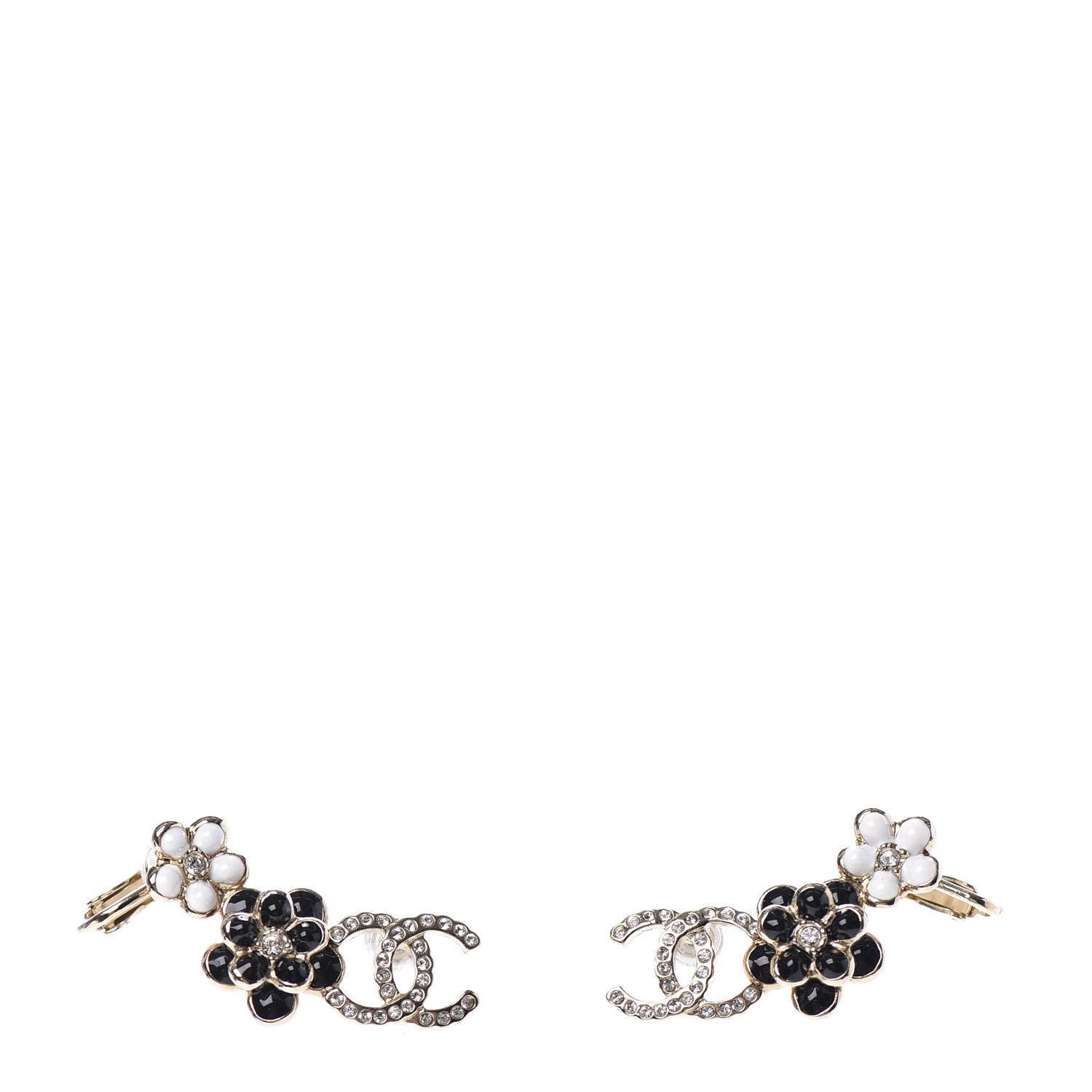 Chanel Crystal Enamel Flower CC Earrings Gold White Black 1 of 4