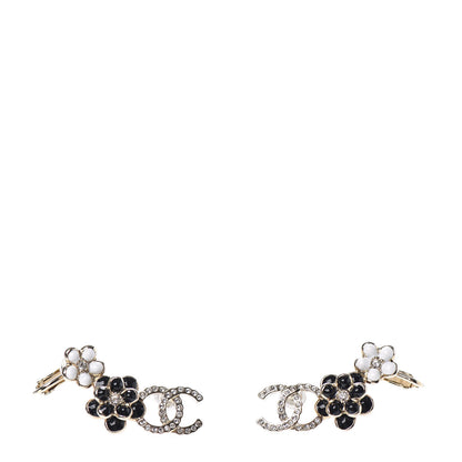 Chanel Crystal Enamel Flower CC Earrings Gold White Black 1 of 4