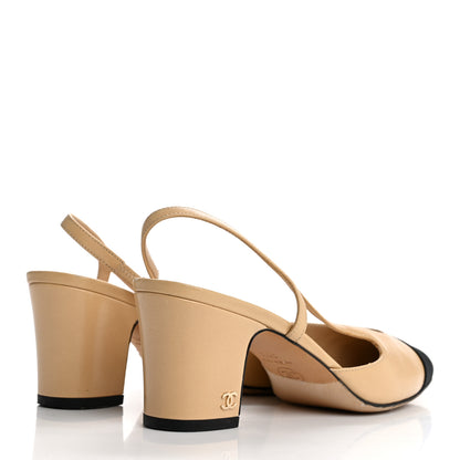 Chanel Goatskin Grosgrain Cap Toe CC Slingback Pumps 38.5 Beige Black 5 of 13