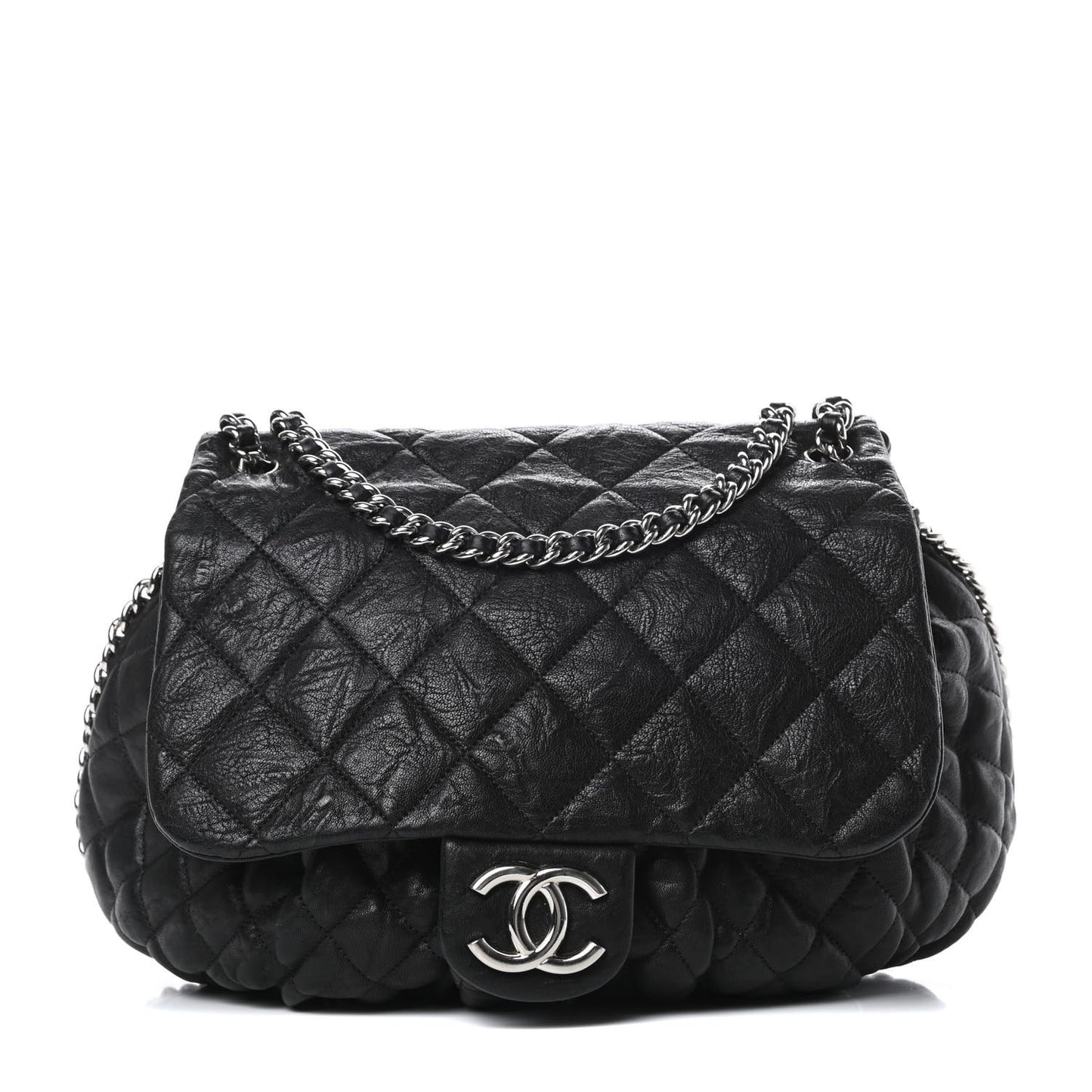 Washed Lambskin Quilted Large Chain Around Flap Black