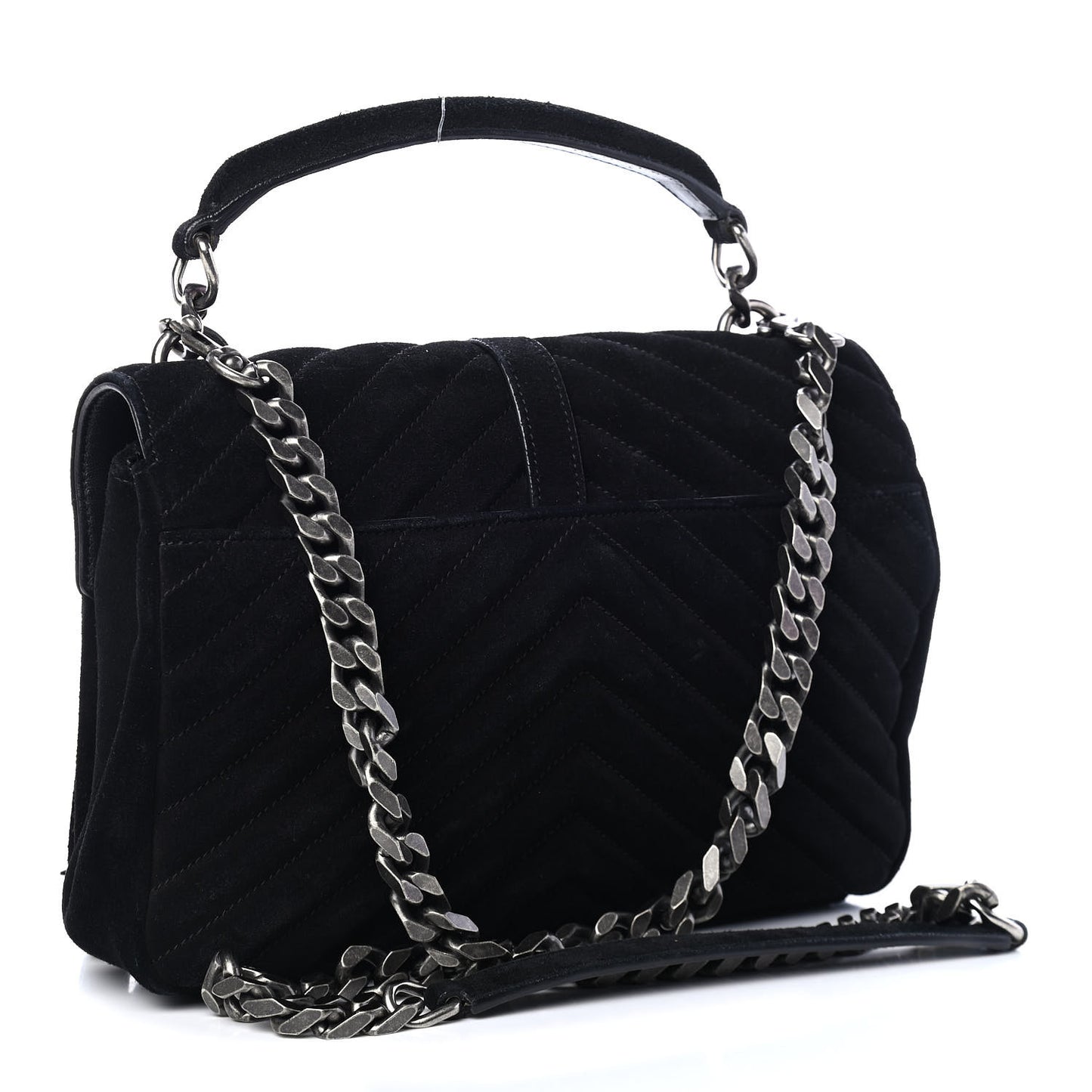 Suede Matelasse Chevron Fringe Monogram Medium College Bag Black