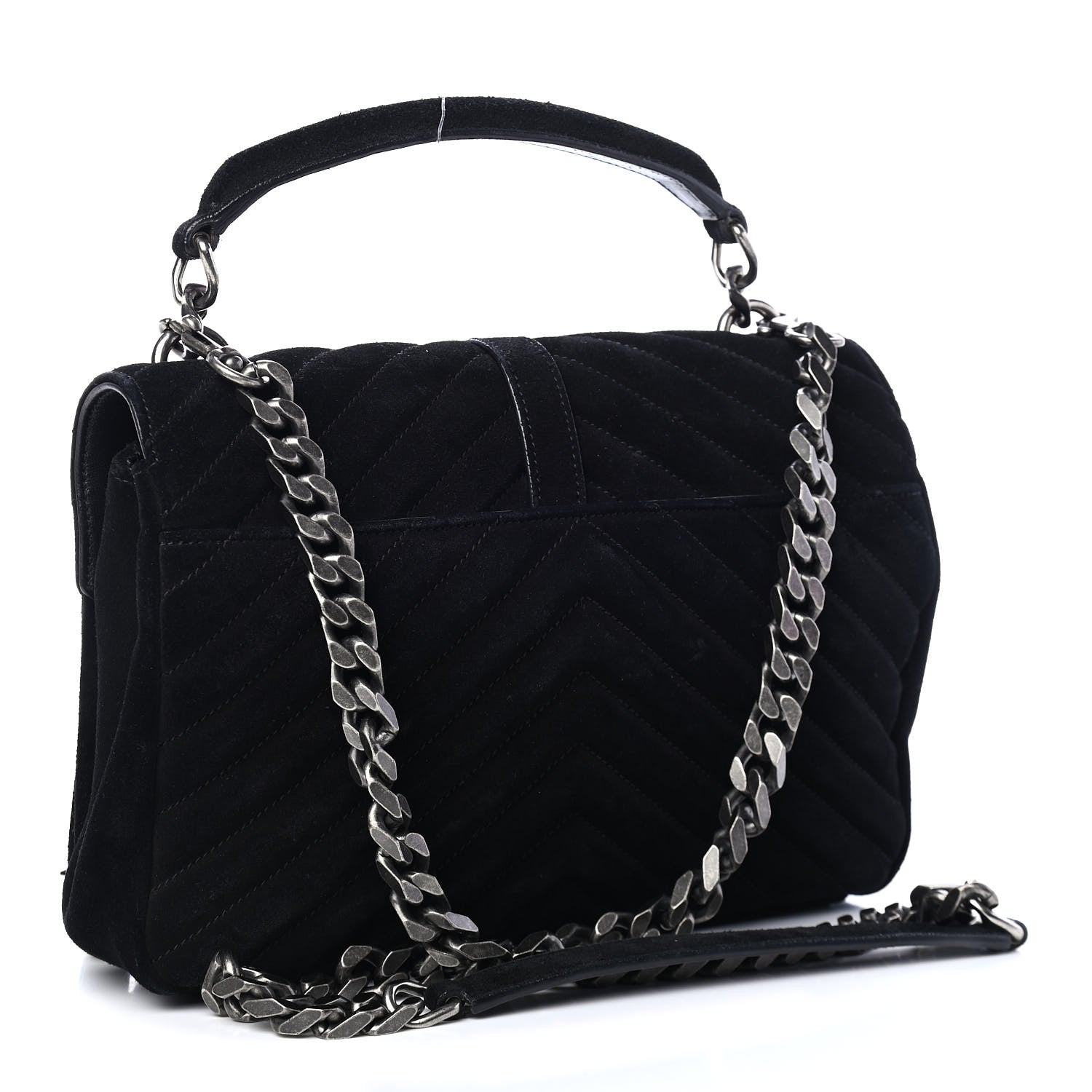 Saint Laurent Suede Matelasse Chevron Fringe Monogram Medium College Bag Black 3 of 13