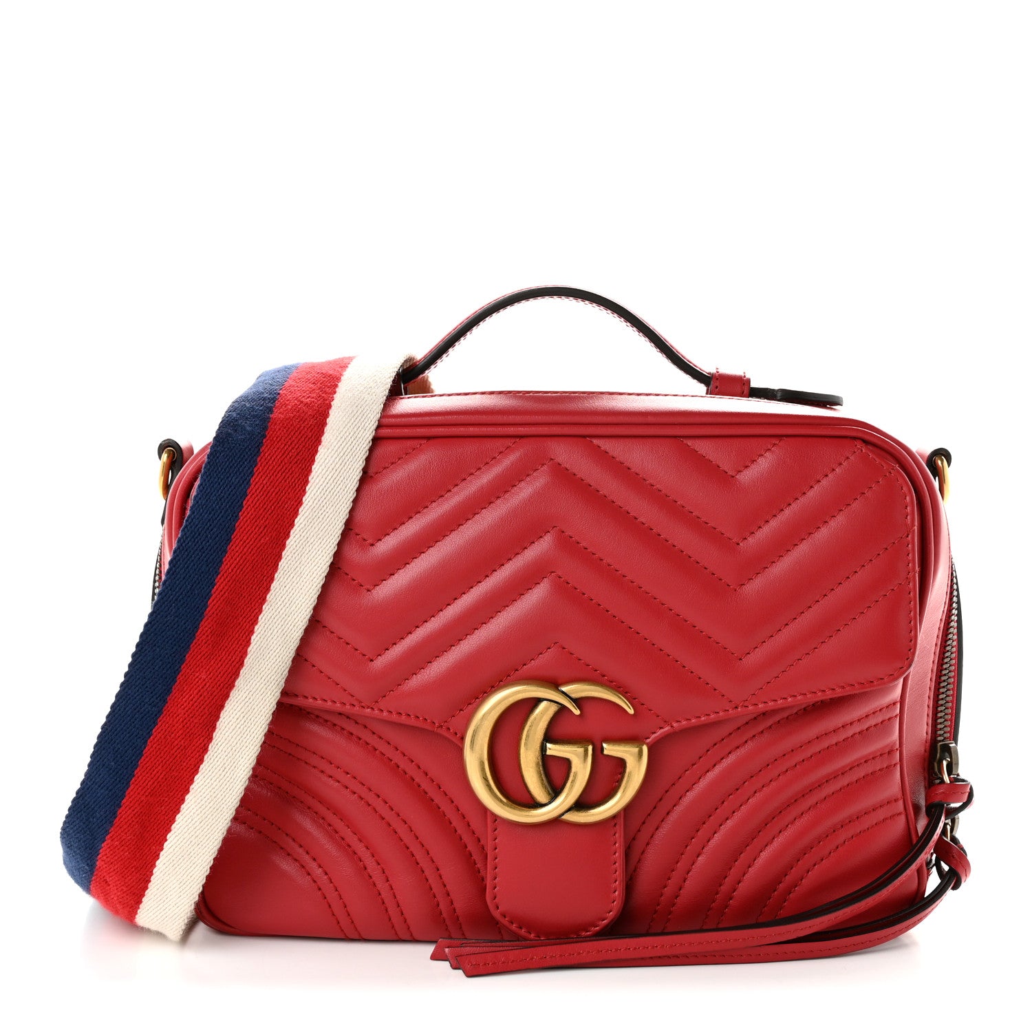 Gucci Calfskin Matelasse Sylvie Web Small GG Marmont Top Handle Shoulder Bag Hibiscus Red 1 of 13