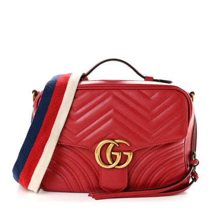 Gucci Calfskin Matelasse Sylvie Web Small GG Marmont Top Handle Shoulder Bag Hibiscus Red 1 of 13