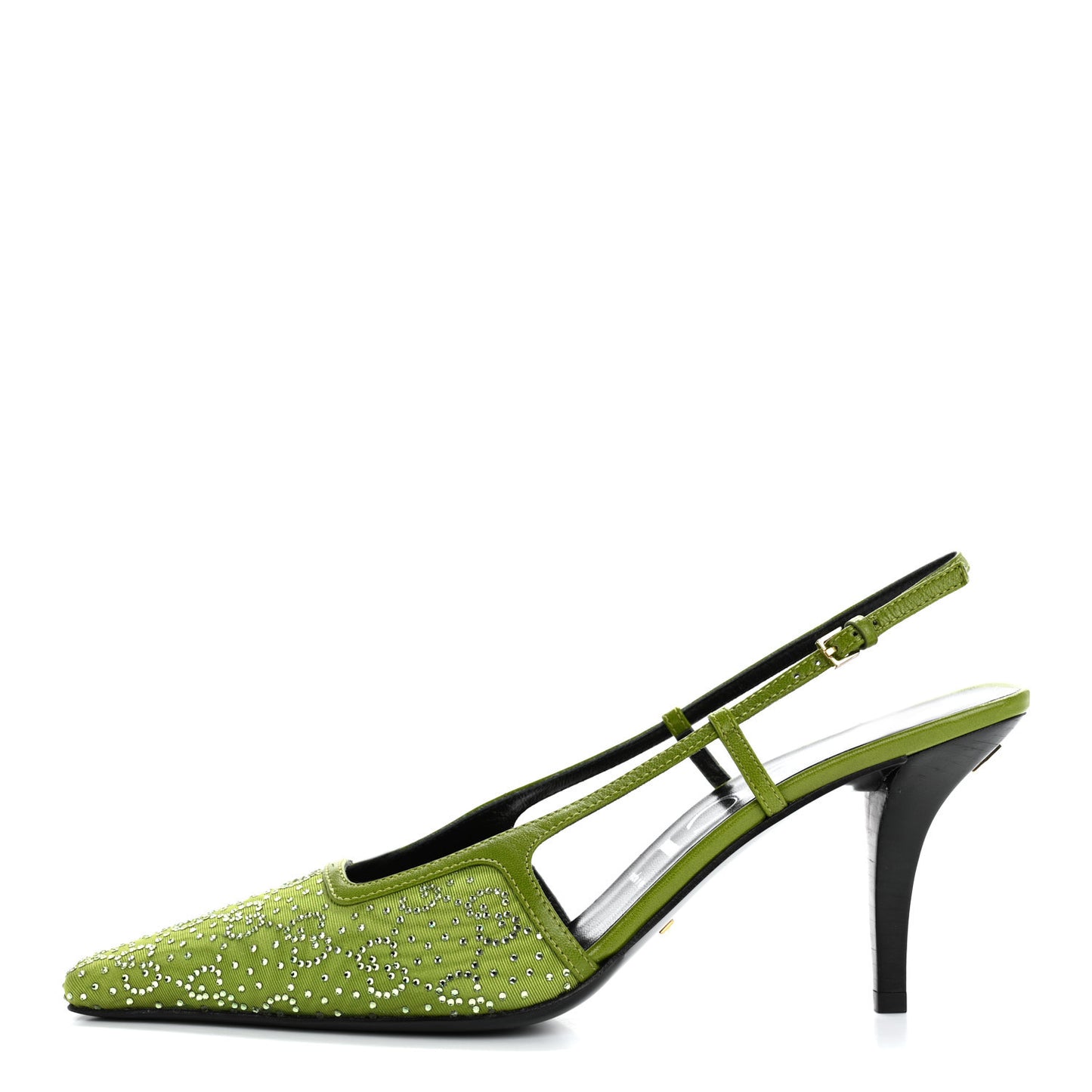 Moire Fabric Malaga Kid Crystal GG Monogram Square G 75mm Slingback Pumps 40 Lemon Leaf