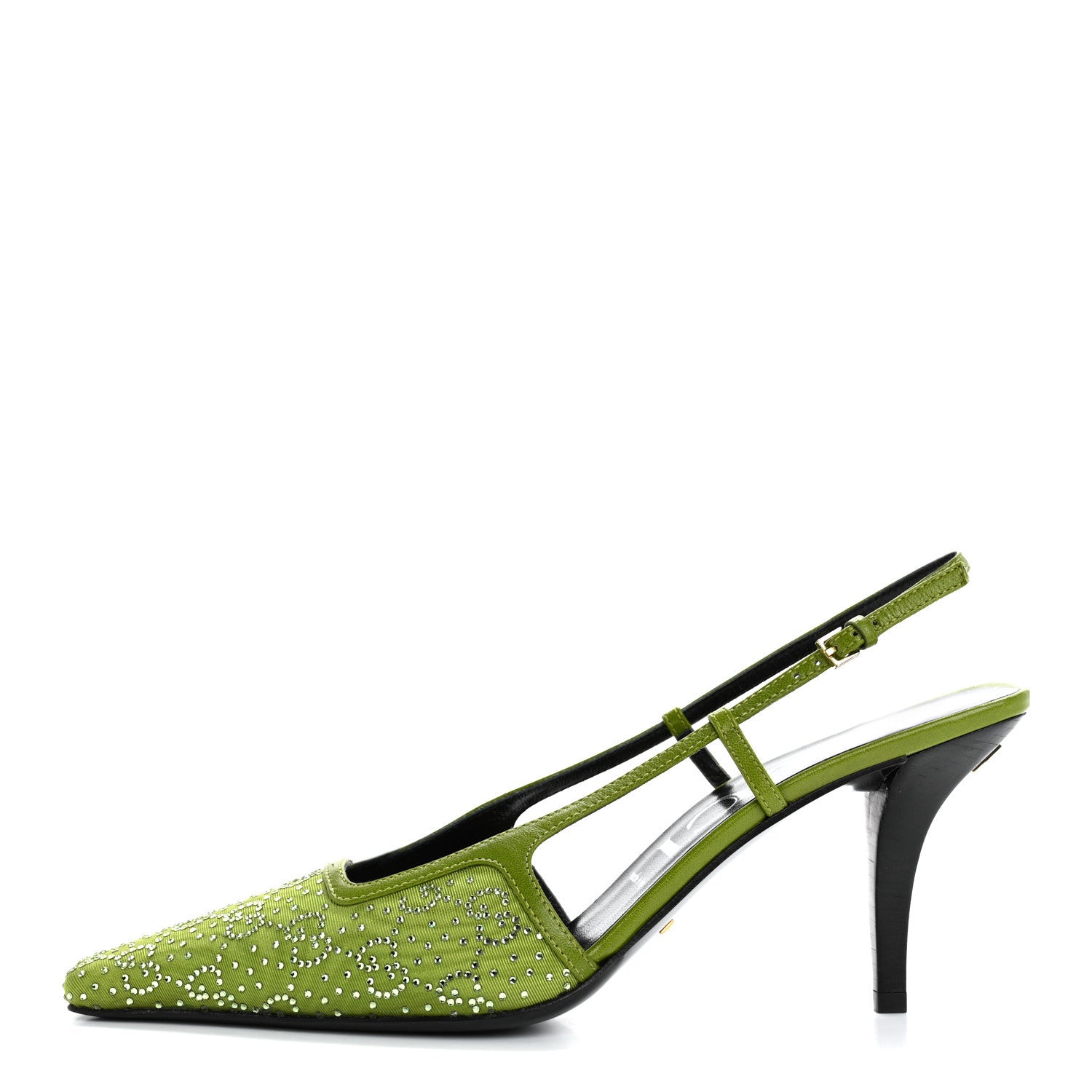 Gucci Moire Fabric Malaga Kid Crystal GG Monogram Square G 75mm Slingback Pumps 40 Lemon Leaf 1 of 9