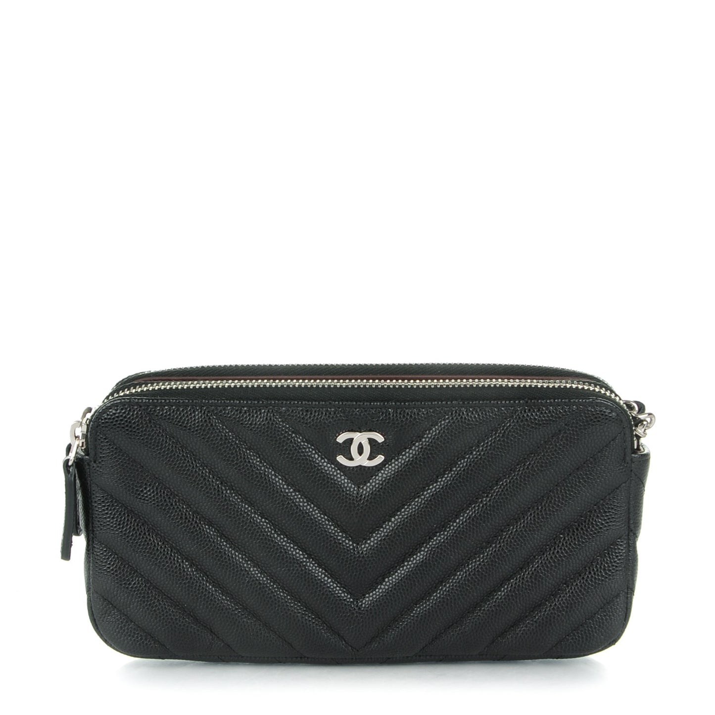 Caviar Chevron Quilted Small Clutch With Chain Black