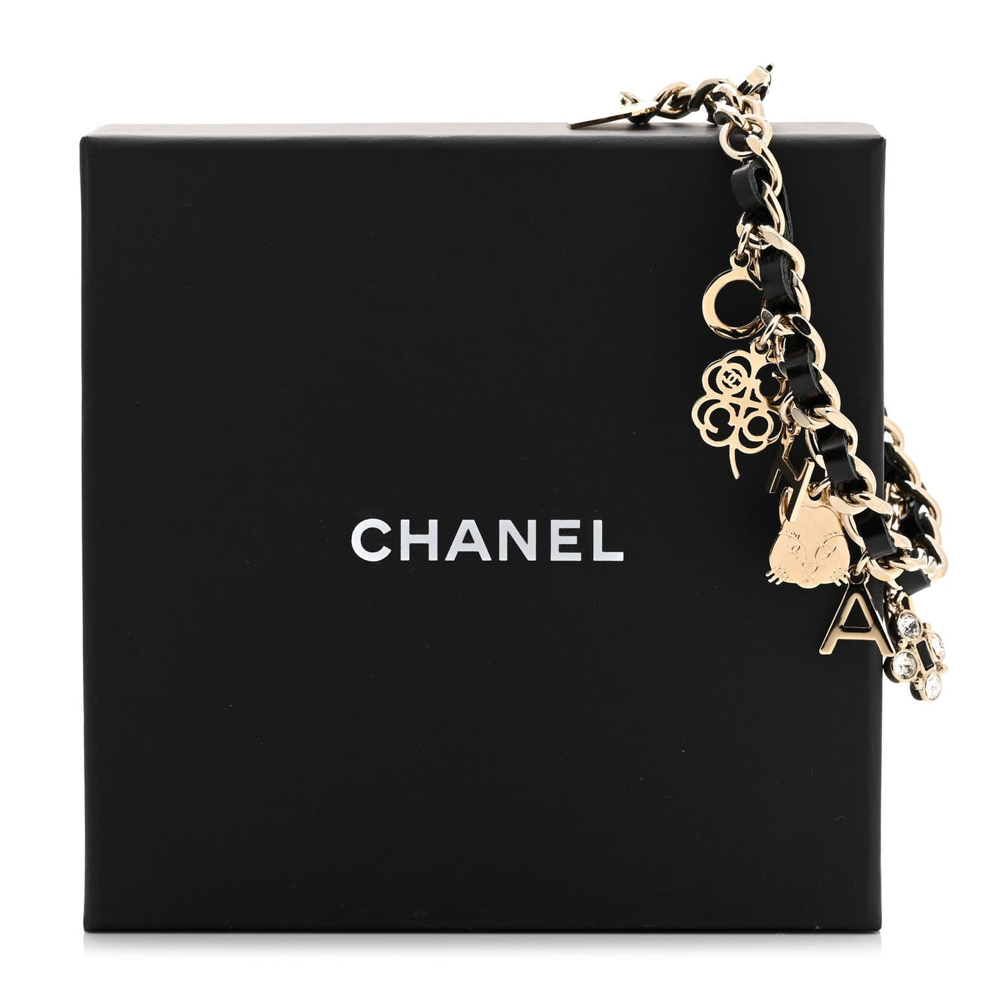 Metal Lambskin Crystal Chain CC Charms Bracelet Gold Black