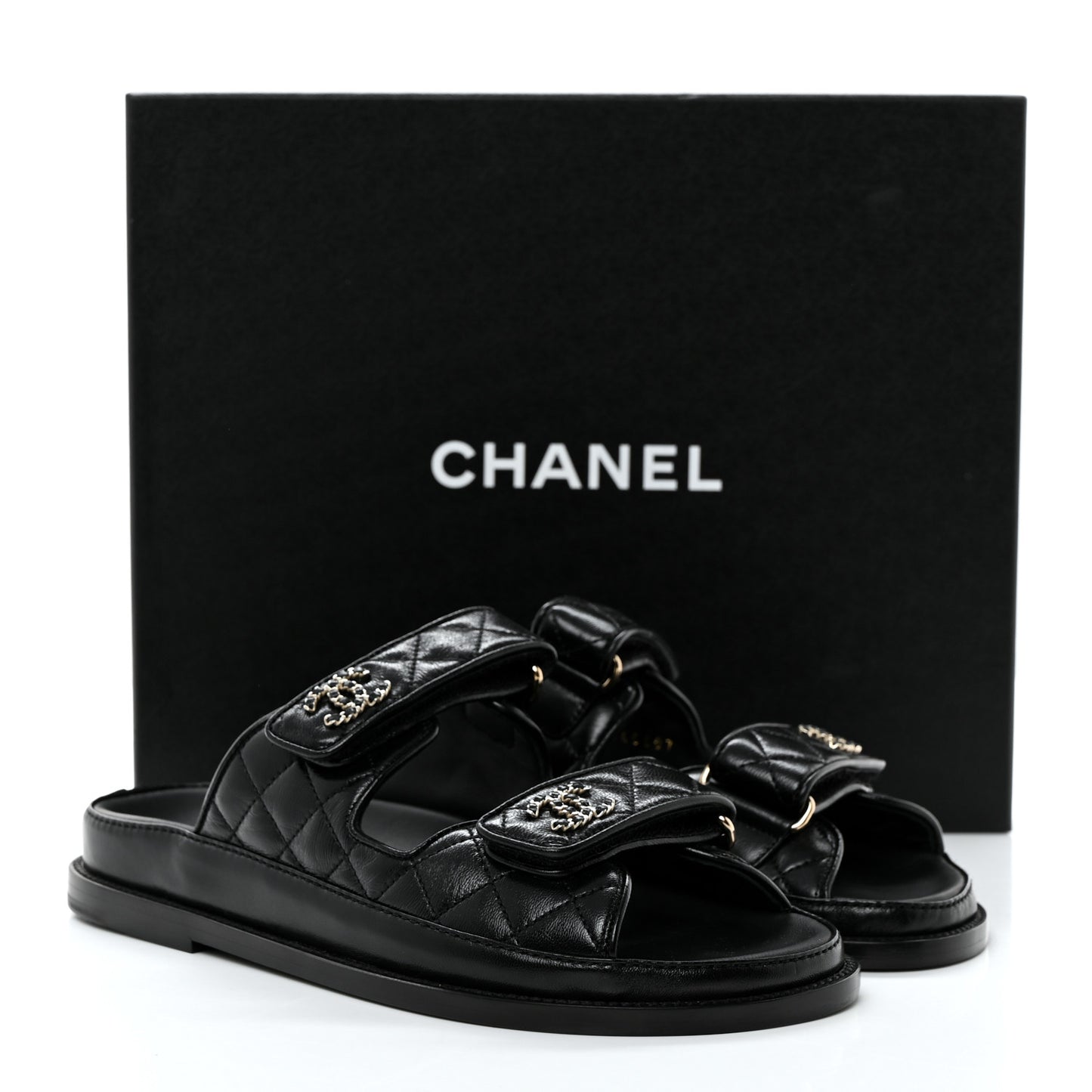 Lambskin Quilted Velcro Dad Chain CC Slide Sandals 37 Black
