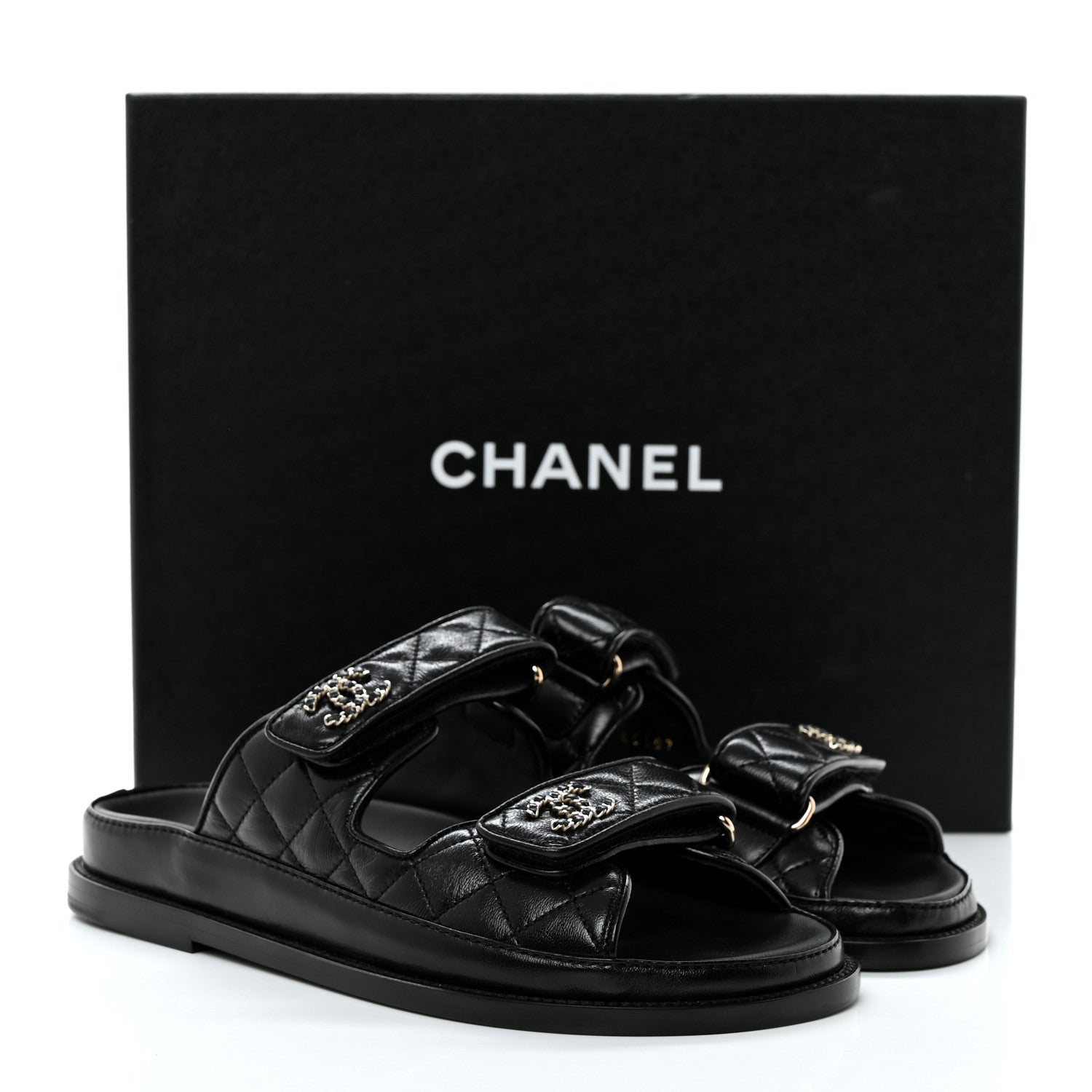 Chanel Lambskin Quilted Velcro Dad Chain CC Slide Sandals 37 Black 11 of 11