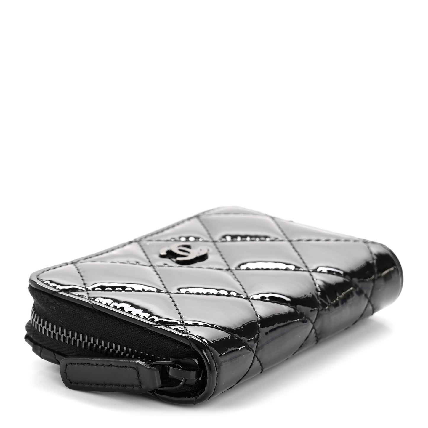 Patent Calfskin Quilted Zip Coin Purse Wallet So Black