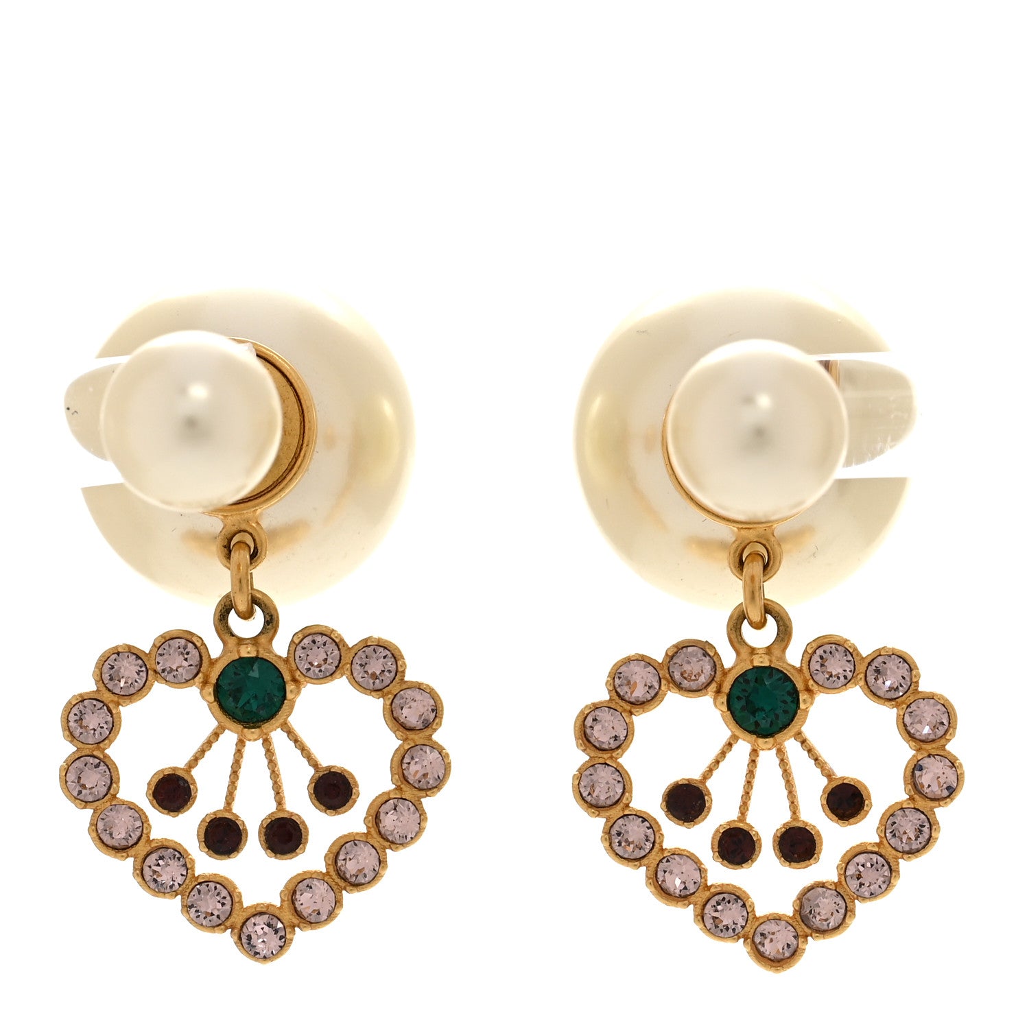 Christian Dior Pearl Crystal Heart Tribal Earrings Gold Multicolor 1 of 5