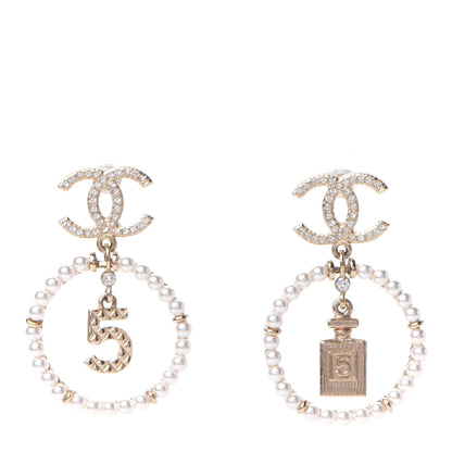 Chanel Crystal Pearl Charms CC Drop Earrings Gold 1 of 5