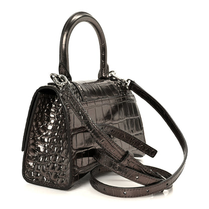 Balenciaga Metallic Shiny Calfskin Crocodile Embossed Hourglass Top Handle Bag XS Dark Bronze 3 of 11
