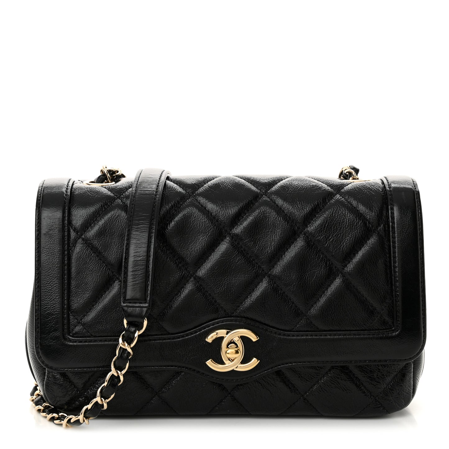 Crumpled Glazed Lambskin Quilted Small Flap Black