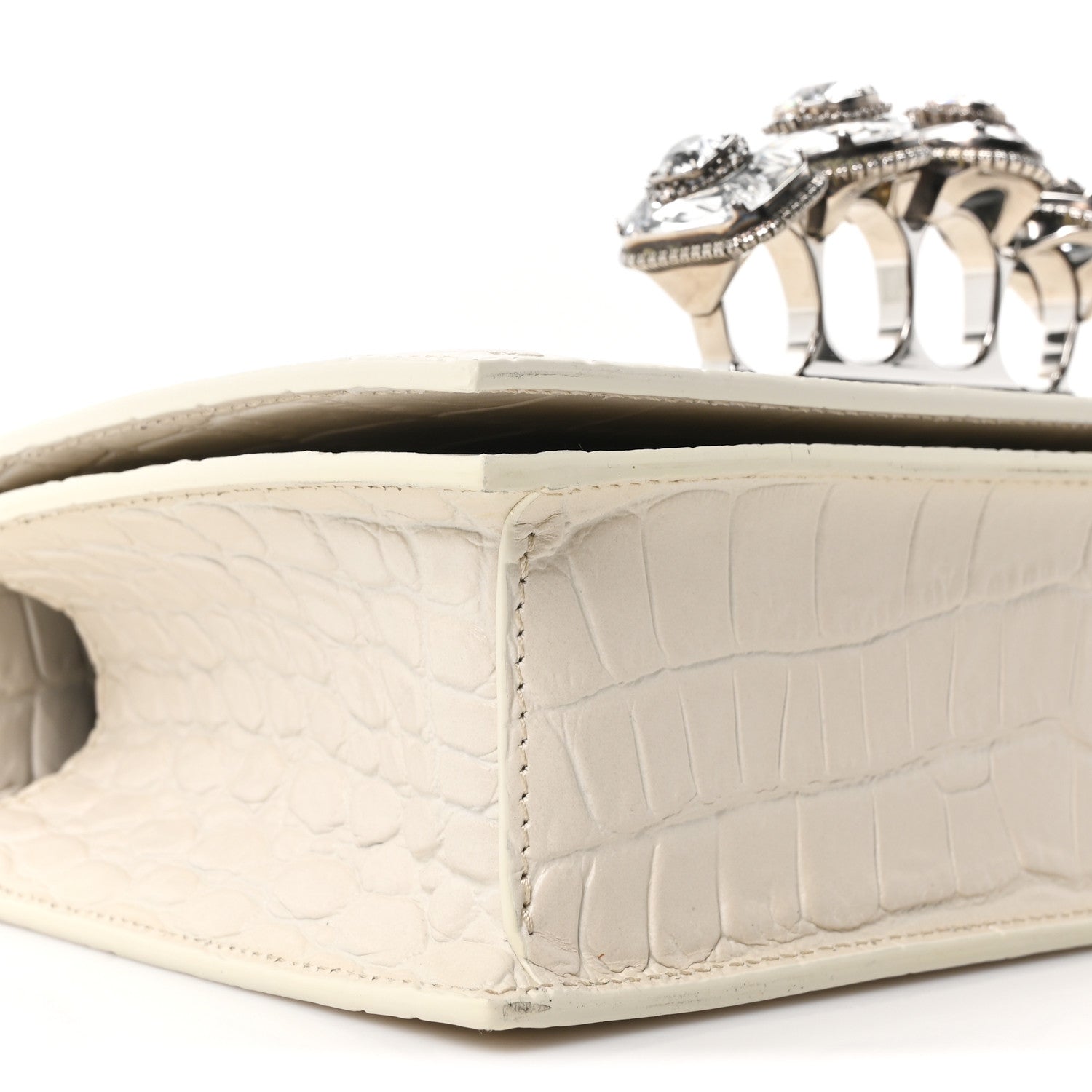 Alexander McQueen Shiny Calfskin Crocodile Embossed Knuckle Jeweled Crossbody White 8 of 9