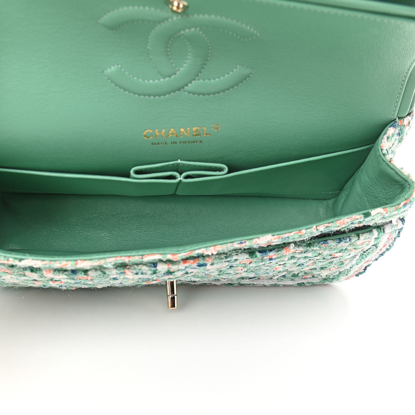 Tweed Quilted Medium Double Flap Green White Blue Orange