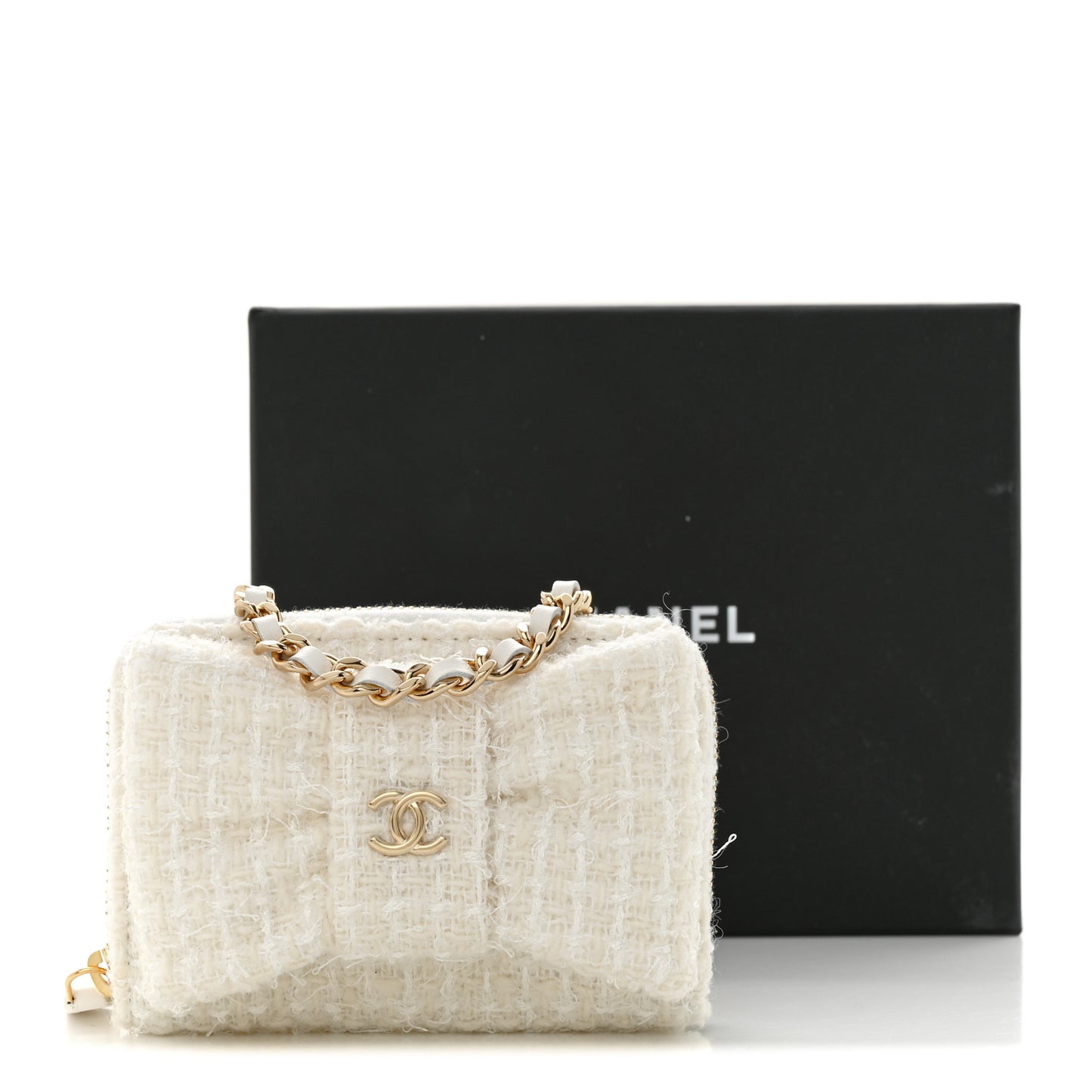 Tweed Quilted Bow Flap Card Holder On Chain White