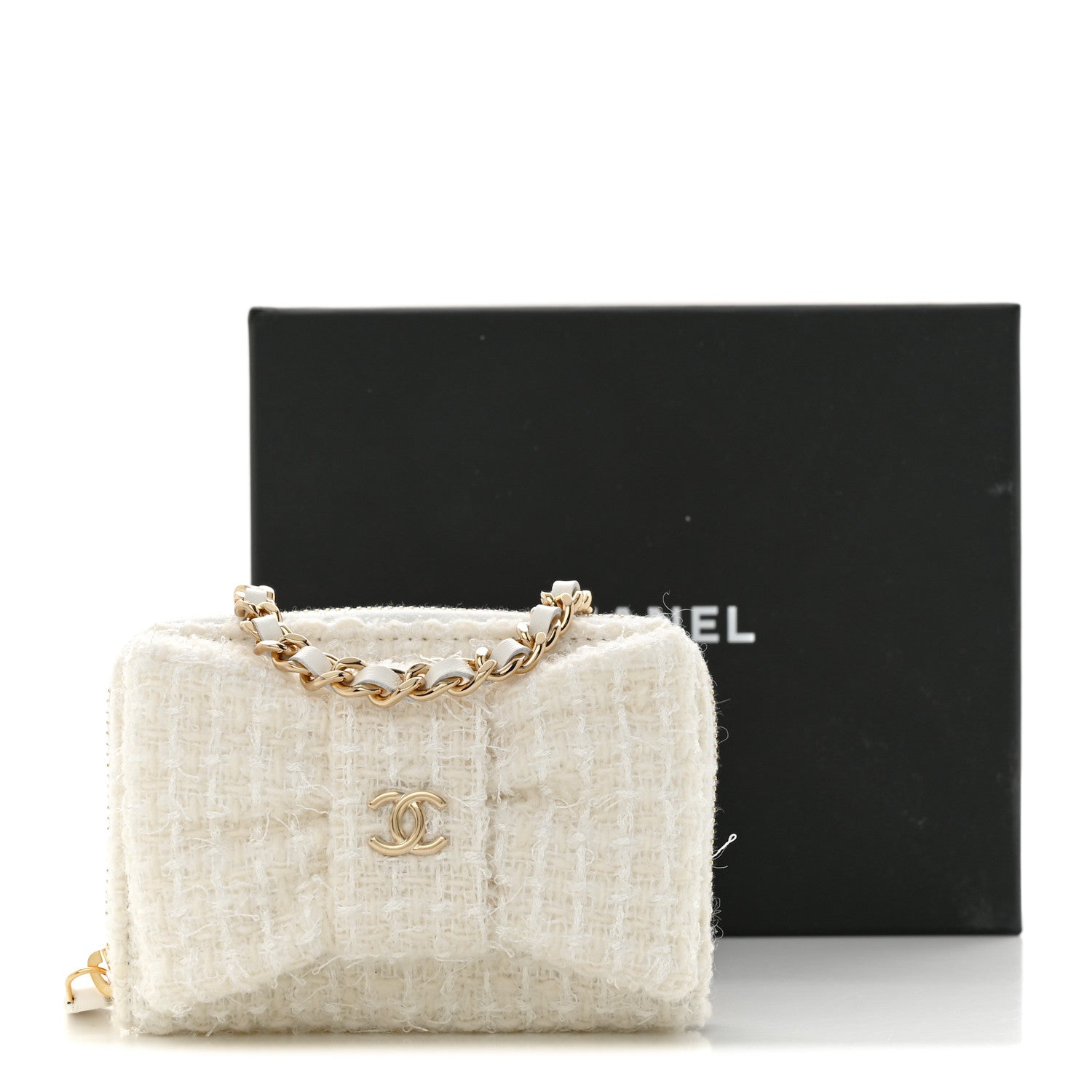 Chanel Tweed Quilted Bow Flap Card Holder On Chain White 13 of 13