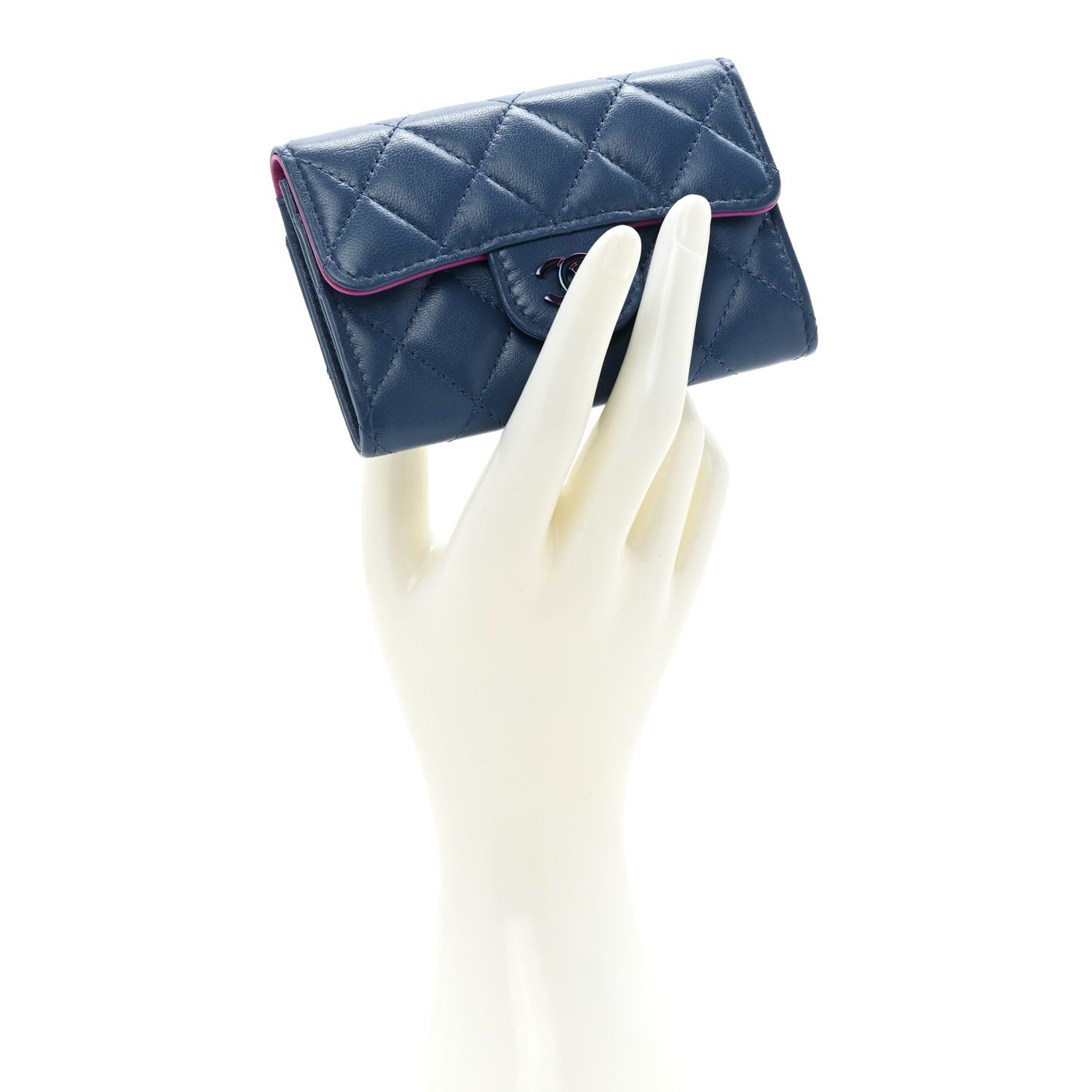 Lambskin Quilted Flap Card Holder Wallet Blue Pink