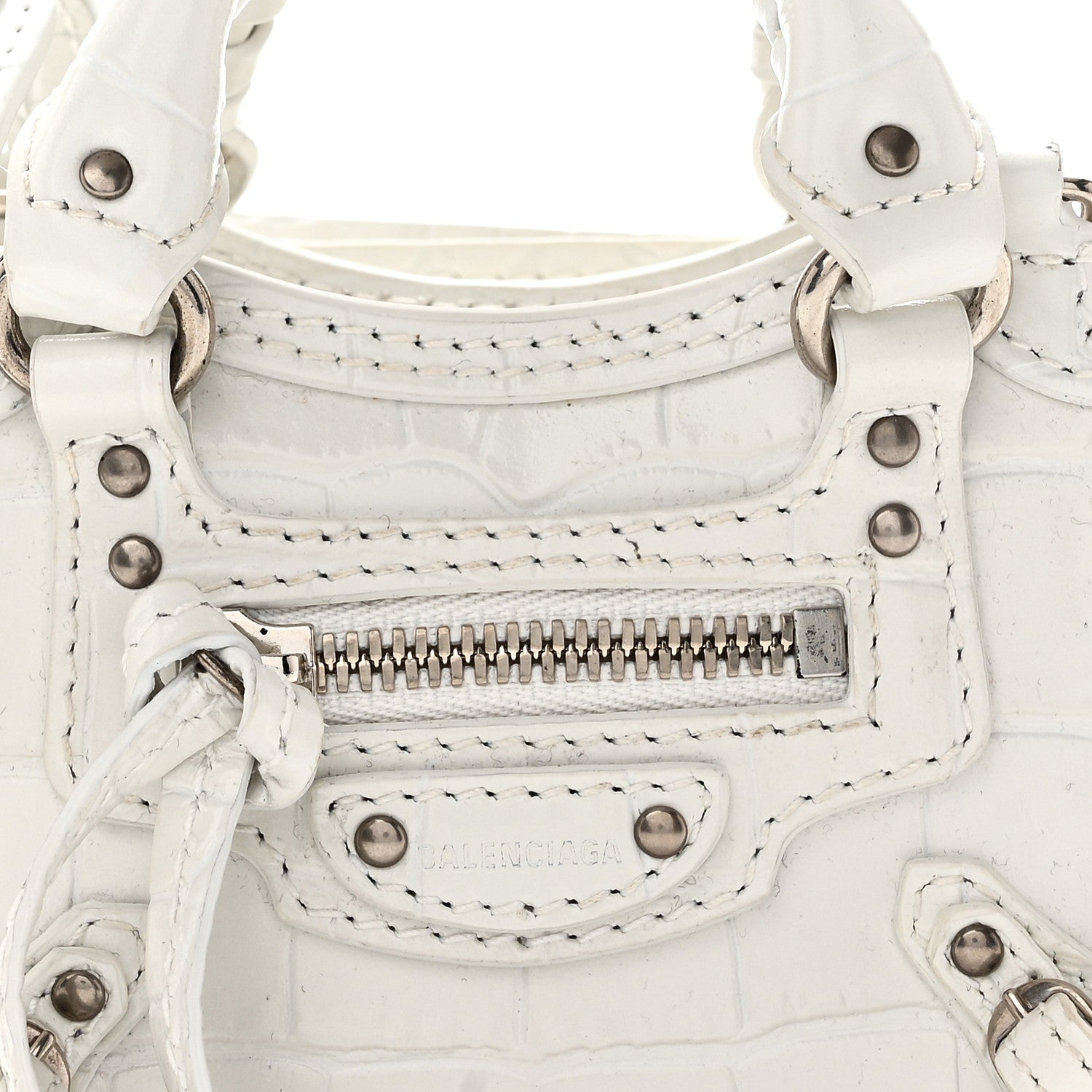 Balenciaga Extra Supple Calfskin Crocodile Embossed Neo Classic Silver Hardware Super Nano City Crossbody  White 7 of 10