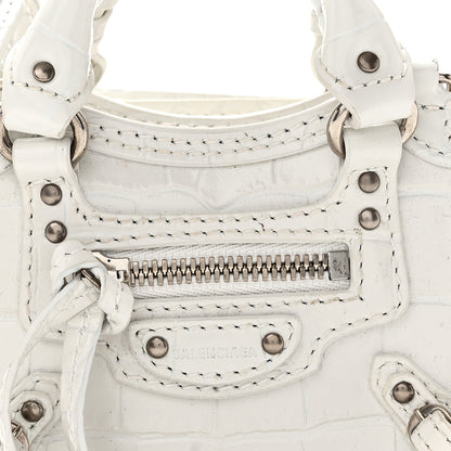 Balenciaga Extra Supple Calfskin Crocodile Embossed Neo Classic Silver Hardware Super Nano City Crossbody  White 7 of 10