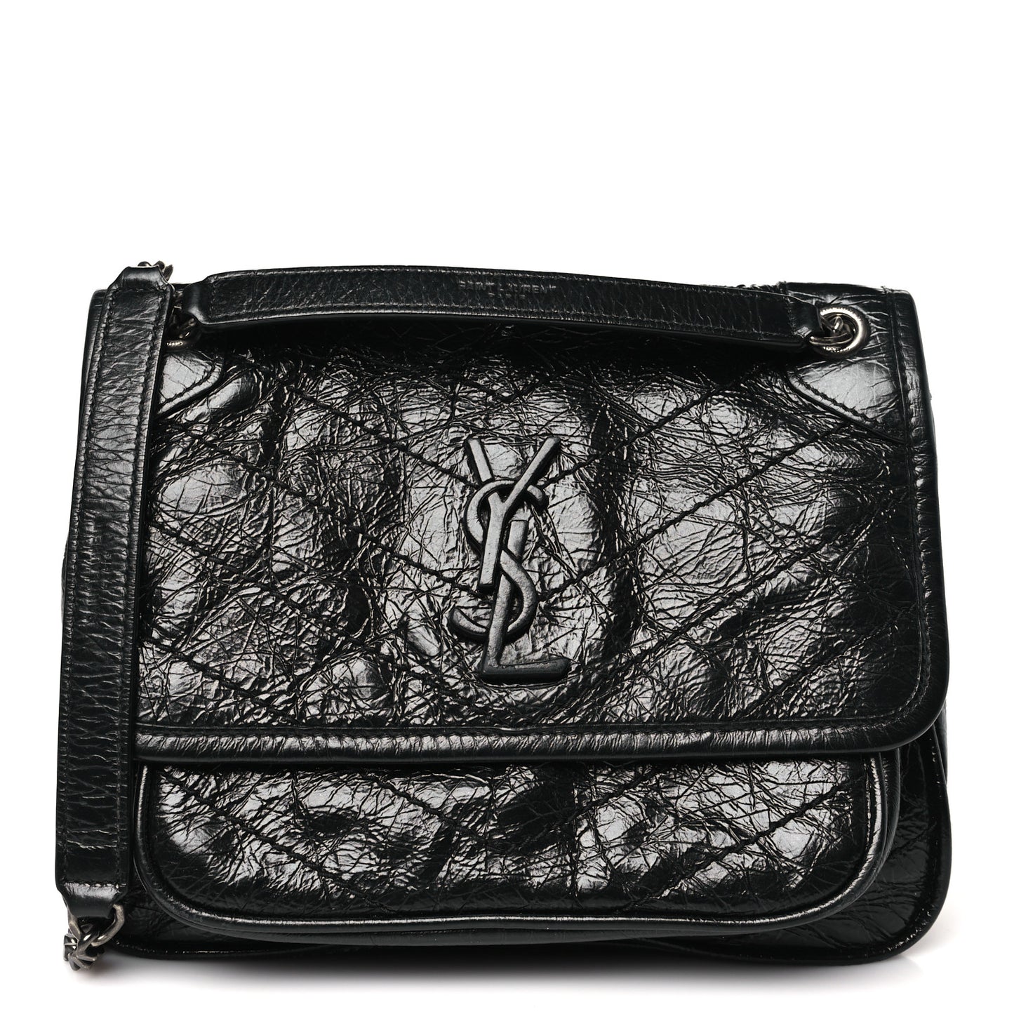 Crinkled Calfskin Matelasse Monogram Baby Niki Chain Satchel Black
