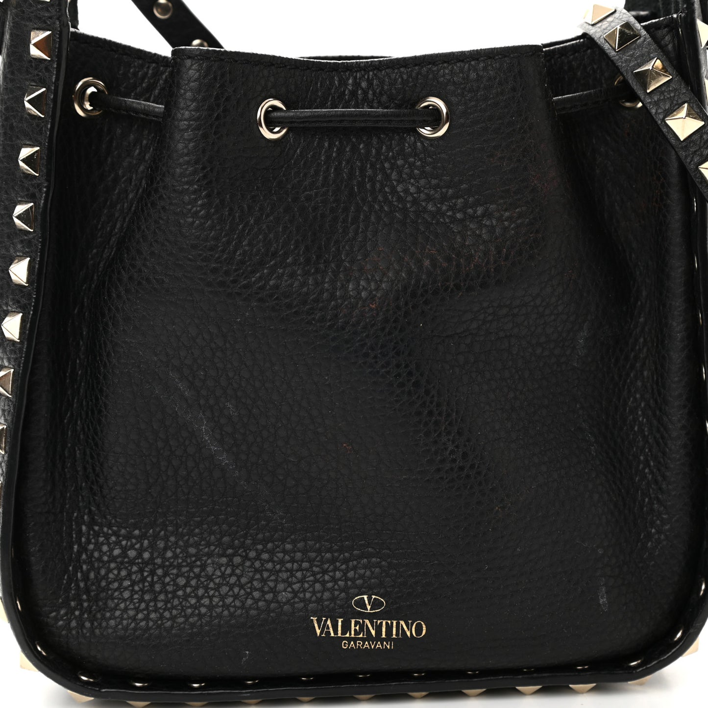 Grained Calfskin Rockstud Bucket Bag Black