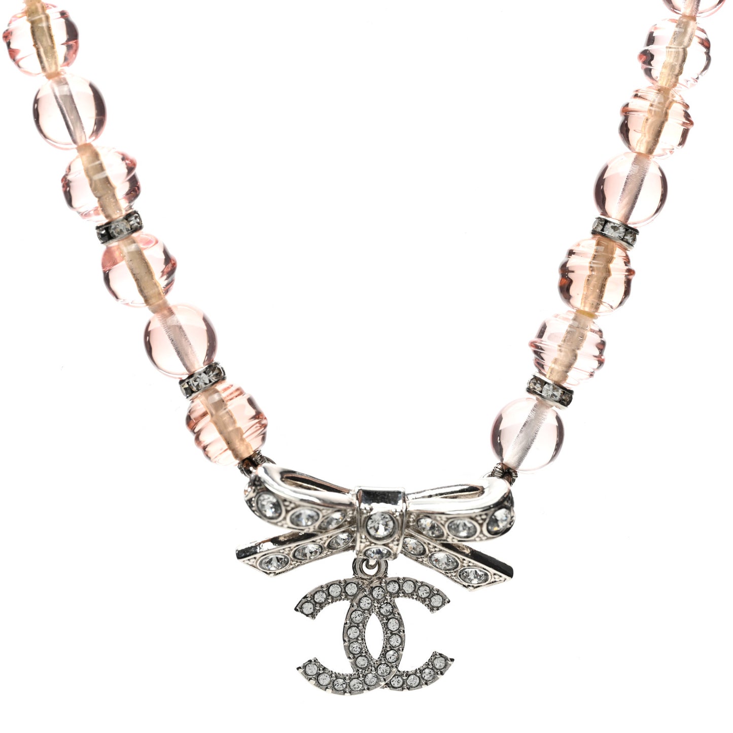 Resin Bead Crystal CC Bow Drop Choker Necklace Pink Silver
