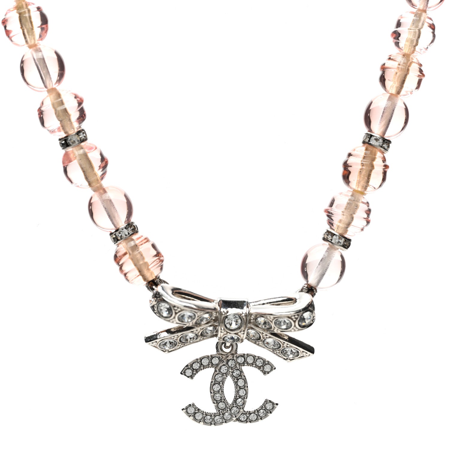 Chanel Resin Bead Crystal CC Bow Drop Choker Necklace Pink Silver 1 of 7