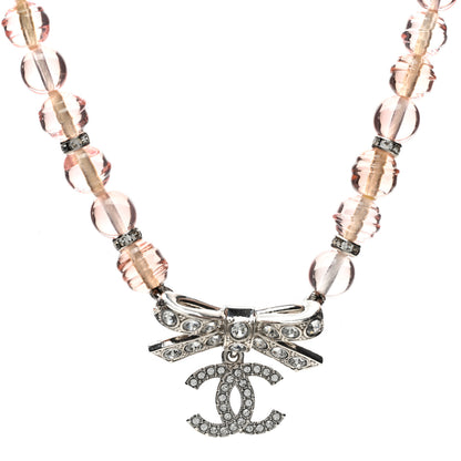 Chanel Resin Bead Crystal CC Bow Drop Choker Necklace Pink Silver 1 of 7