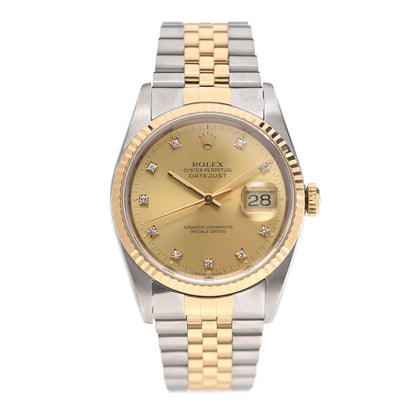 Rolex Stainless Steel 18K Yellow Gold Diamond 36mm Oyster Perpetual Datejust Watch Champagne 16233 1 of 5