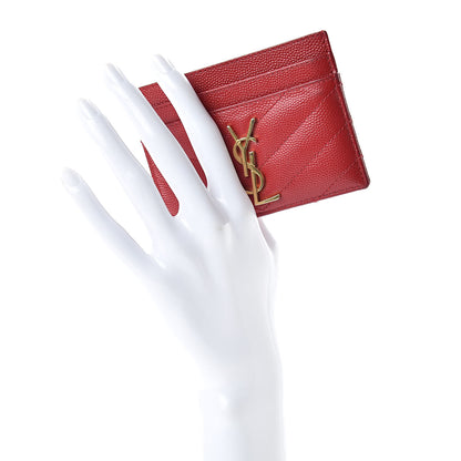 Saint Laurent Grain De Poudre Matelasse Chevron Monogram Credit Card Case New Red 2 of 11