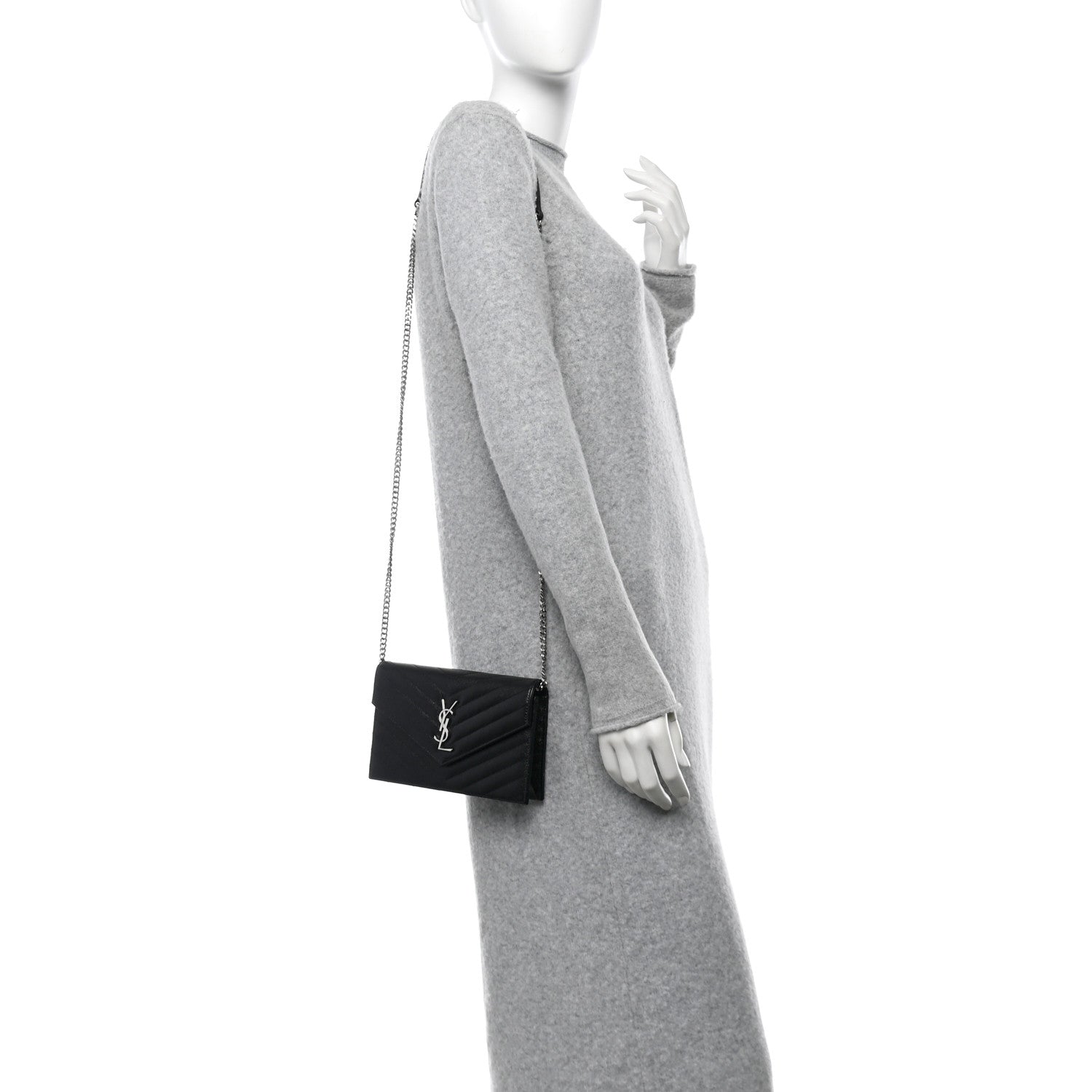 Saint Laurent Grain De Poudre Matelasse Chevron Monogram Envelope Chain Wallet Black 2 of 10