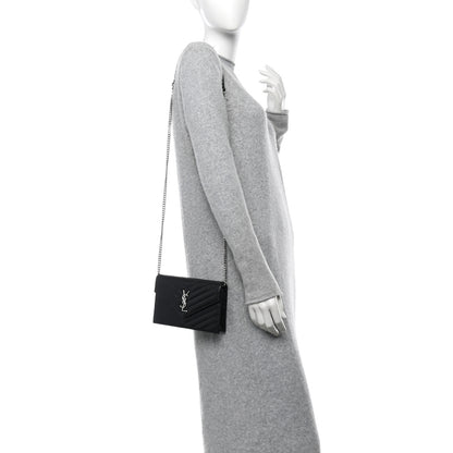 Saint Laurent Grain De Poudre Matelasse Chevron Monogram Envelope Chain Wallet Black 2 of 10