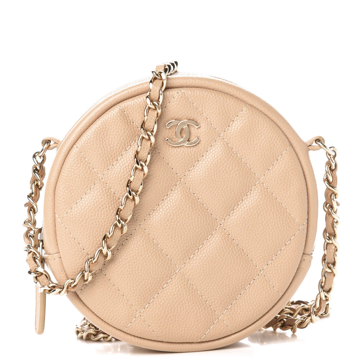 Caviar Quilted Round Clutch With Chain Beige